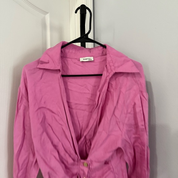 Sandro Elvira Asymmetric Pleated Shirt Dress Pink Plunge Neckline Size 36 - Picture 3 of 10